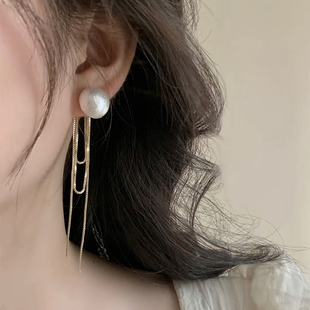 日韩棉花珍珠长流苏耳环，个性小众设计耳钉显脸瘦925银针耳饰