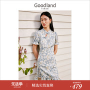 新中式Goodland美地女装夏季水蓝色繁花旗袍式连衣裙