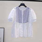 蓝色条纹拼接白色棉衬衫，女圆领泡泡袖娃娃，衫2023夏小清新宽松上衣