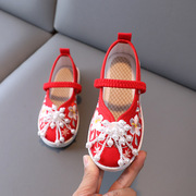 中国风女童汉服鞋串珠鞋子儿童古风老北京绣花童鞋女宝宝古装布鞋