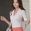2021夏季韩版白色时尚气质性感衬衫，女百搭紧身v领ol短袖上衣