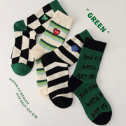 ILLUSION BOY 绿色系列女袜爱心刺绣条纹中筒袜休闲运动四季款棉