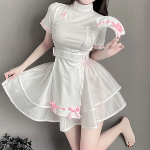 清纯白色短袖连体衣，露背高腰蓬蓬裙短裙，蝴蝶结可爱cosplay护士装