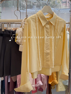 CHAO级无敌！显白黄色甜美口袋宽松长袖衬衫女衬衣小衫