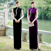 丝绒旗袍高档无袖年轻中国风模特演出礼仪长款优雅日常可穿连衣裙