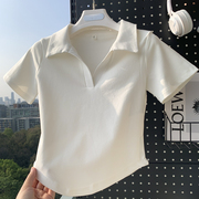 白色弧摆polo领短袖t恤女2023夏季设计感小众修身辣妹风短款上衣