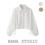 BANA外贸法式白色灯笼袖长袖衬衫女2023秋季宽松抽绳短款外套上衣