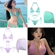 三亚度假比基尼泳衣女三件套带裙子性感，小胸聚拢绿色分体泳装紫色