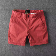 夏季修身休闲复古短裤男松紧腰，三分裤露膝盖，薄款四分裤红色潮流