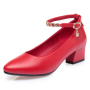 红鞋夏女式皮鞋平底浅口单鞋中跟真皮软底高跟妈妈跳舞鞋红色女鞋