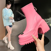 粉色短筒靴女防水台超高跟靴子时尚马丁靴2023秋冬女鞋潮款弹力靴