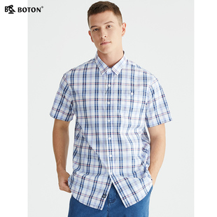 波顿夏季短袖格子衬衫男士，蓝白色浅色衬衣商务休闲百搭纯棉上衣