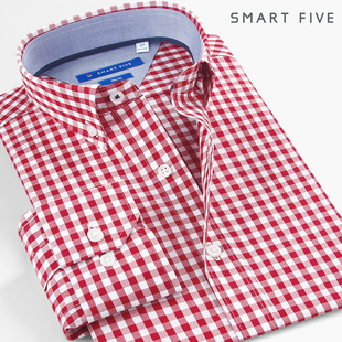 smartfive撞色修身红色格子，衬衫男长袖纯棉时尚，青年美式休闲衬衣