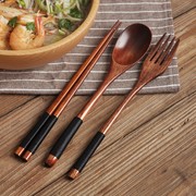 日式木质筷子勺子套装单人装学生儿童便携餐具勺叉筷三件套