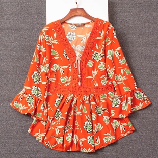 外贸单夏季女装雪纺蕾丝，拼橘红色印花上衣，v领喇叭袖修腰外穿衫