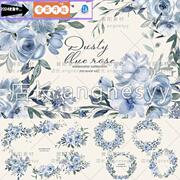 T1538手绘水彩蓝色花朵花束花环玫瑰PNG免抠卡片婚礼请柬设计素材