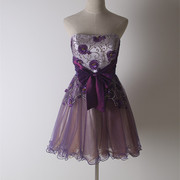 d003紫色甜美纱裙伴娘短款礼服裙，抹胸手工钉珠，绣花公主a字裙1