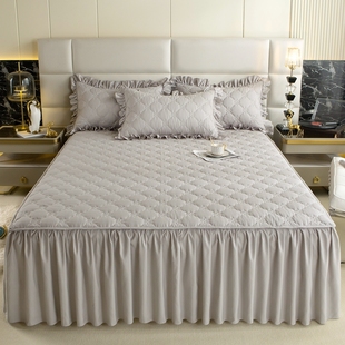水洗棉床裙式床罩单件，纯色夹棉防尘保护套，1.5米1.8床单床笠垫防滑