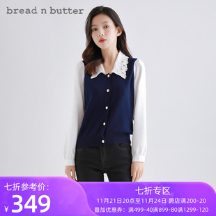 bread n butter同款衬衫拼接假两件雪纺长袖蕾丝领口针织上衣