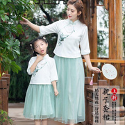 改良古装汉服亲子装夏季装复古中国风仙女唐装母女子连衣裙套装棉