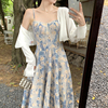 大码女装韩版法式上衣女蓝色油画长裙子夏季碎花吊带连衣裙两件套