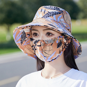 防晒口罩面罩帽子一体护颈女采茶遮脸渔夫帽折叠干农活遮阳太阳帽