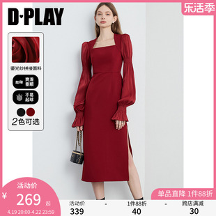dplay春法式方领红色，连衣裙鎏光纱拼接长袖，连衣裙新年红裙礼服