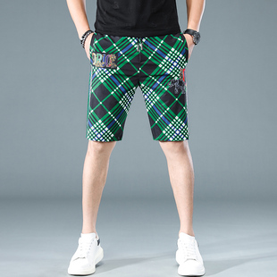 欧洲站时尚格子休闲短裤，男夏季外穿绿色条纹，直筒中裤冰丝五分裤子