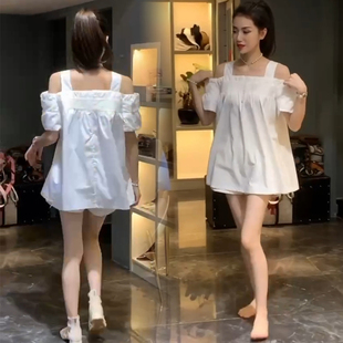 韩版衬衫女2021夏洋气露肩宽松显瘦减龄中长款娃娃服短袖上衣