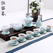 整套青瓷功夫茶具套装欧式手工，描金陶瓷薄胎白瓷透光盖碗茶杯