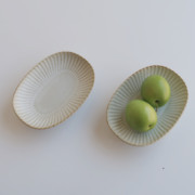 ls日式餐具手工粗陶餐盘，家用陶瓷复古风，纯色盘子椭圆水果盘