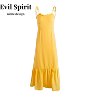 2024夏季茶歇法式连衣裙黄色吊带裙性感沙滩裙海边度假纯色长裙