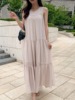 韩国chic夏季法式优雅圆领褶皱拼接过膝长款荷叶边雪纺背心连衣裙