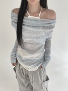 ㊣韩国23秋chic女人味 系带拼接设计露肩甜美针织衫