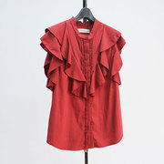 夏季日本外贸原单小衫显瘦洋气女士，衬衫酒红色上衣木耳花边