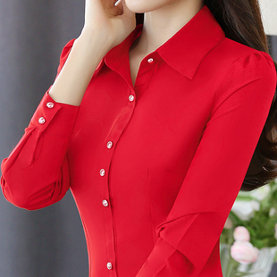 女士红色衬衫女洋气时尚，女式红衬衣女款春装，妈妈小衫中式上衣