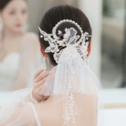 新中式新娘主婚纱头饰蕾丝花珍珠发圈小头纱簪子发饰结婚发饰品