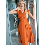 绝色气质简约知性优雅通勤女装，橘色v领收腰，连衣裙裙长裙夏季