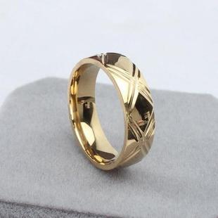 不褪色金色钛钢食指指环，男士时尚花纹菱格戒指尾戒饰品