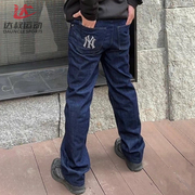 MLB情侣运动裤男女NY刺绣大标复古老花休闲直筒牛仔裤3LDPM0324