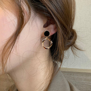 韩国设计感圆圈耳环女气质，高级感纯银防过敏黑色耳钉2024