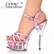 浪漫玫瑰花可爱粉色韩国公主，15cm超高细跟防水台水晶凉鞋小码鞋