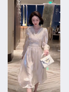 法式v领雪纺长袖连衣裙，女2023年春季白色高级感收腰茶歇长裙
