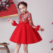 女童旗袍改良中国风儿童唐装长袖小孩宝宝童装拜年服冬季加厚红色