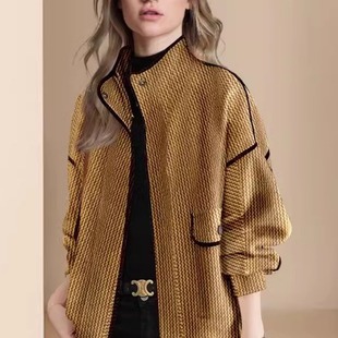 欧美名媛高级感风衣秋季2023女装黄色，条纹立领工装风夹克外套