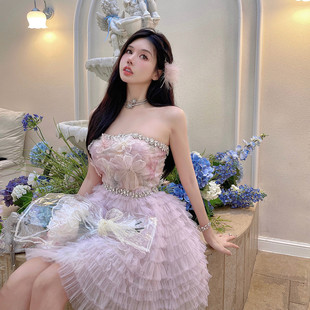 lydiaxu原创生日仙女裙，粉紫色裹胸立体花设计师，质感公主裙连衣裙