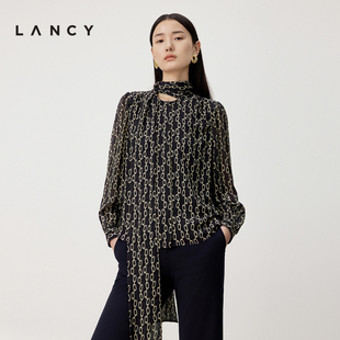 lancy朗姿2024春季法式链条印花真丝飘带，衬衫复古上衣内搭女