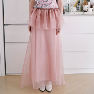 xunruo熏若设计师品牌真丝，纱裙春夏原创粉色蜂腰抽褶长款半身裙