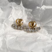 欧美双字母扇形耳环女小众设计感高级轻奢复古铜金色气质耳钉耳饰