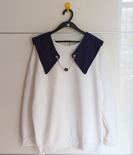 胸120大码女装春季海军风假领子白色圆领套头卫衣两件套